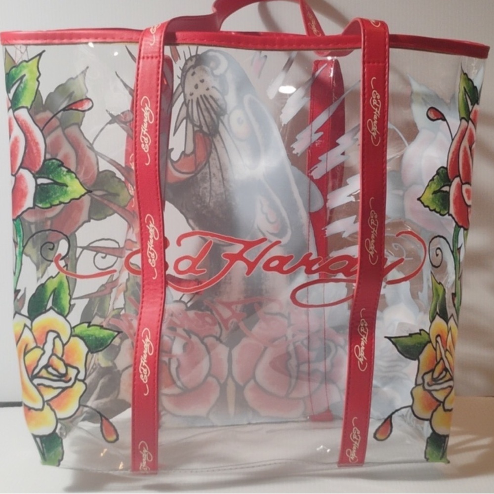 Ed Hardy Clear Tote with Red Floral Design